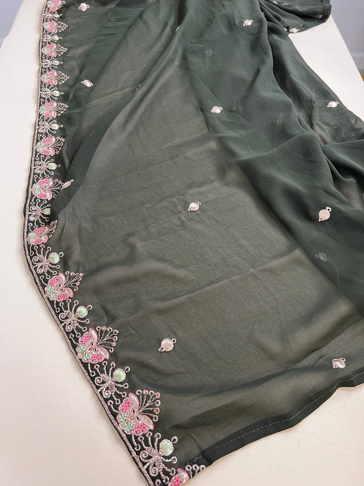 Dark Green Embroidered Straight Pants Suit