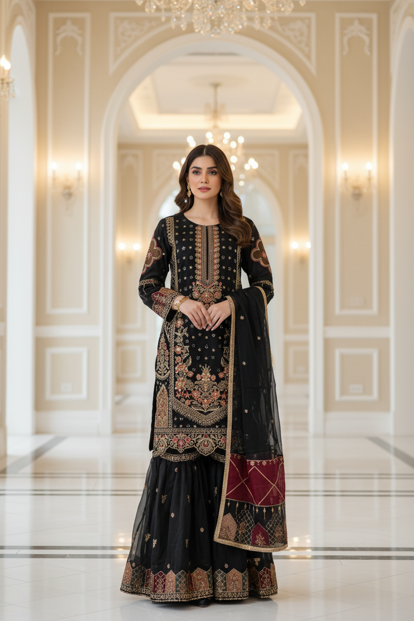 Black Embroidered Pakistani Suit with Sharara