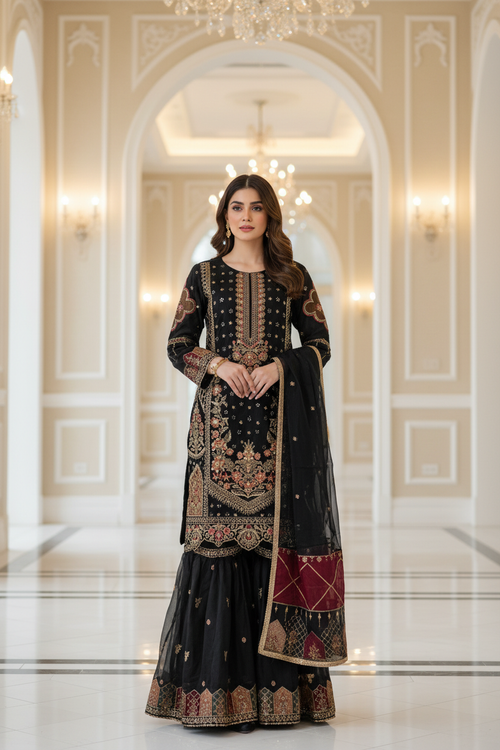Black Embroidered Pakistani Suit with Sharara