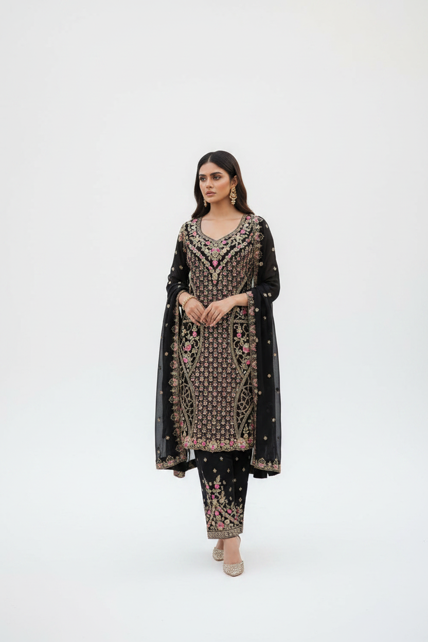 Black Embroidered Suit - Clean White Background