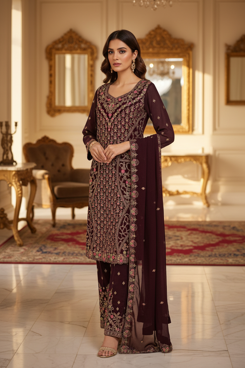 Dark Maroon Embroidered Suit - Fresh