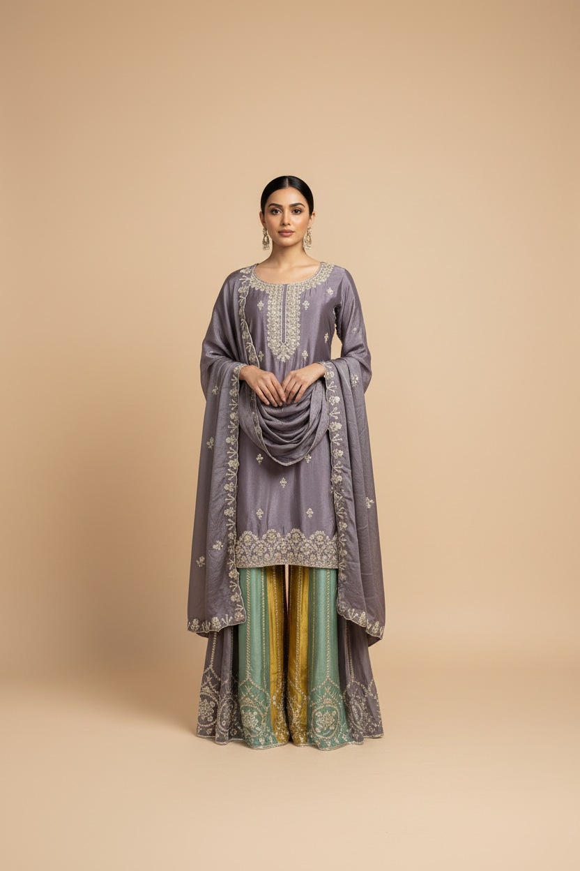 Dusty Purple Gharara Suit - Warm Beige Studio