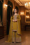 Mustard gold sharara suit with multicolor paisley embroidery