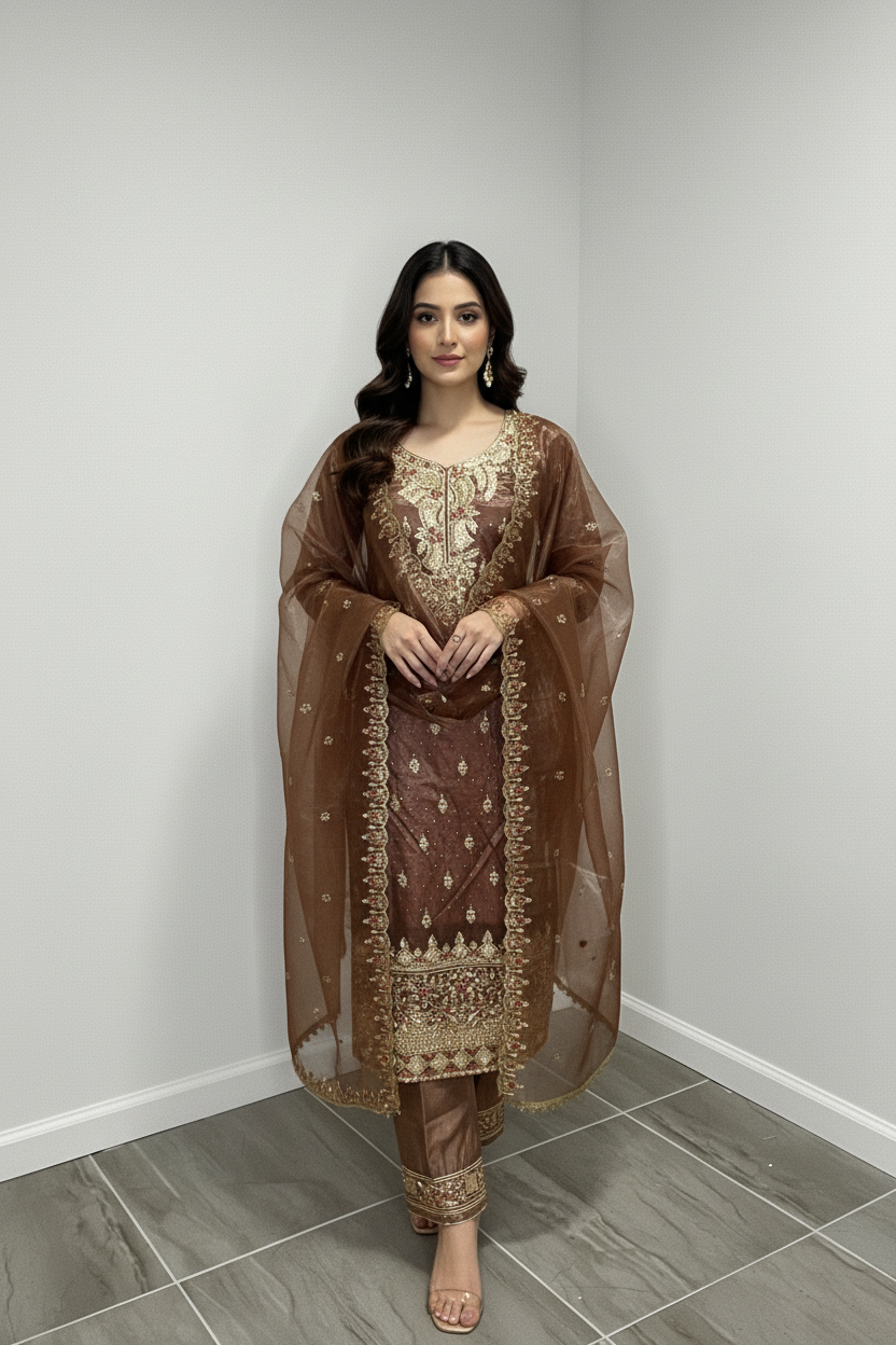 Chocolate brown organza embroidered suit on a model in studio setting