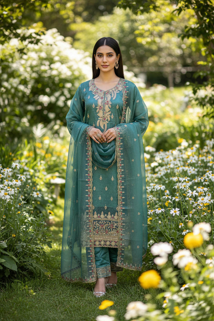 Teal organza embroidered suit on a model in outdoor garden setting