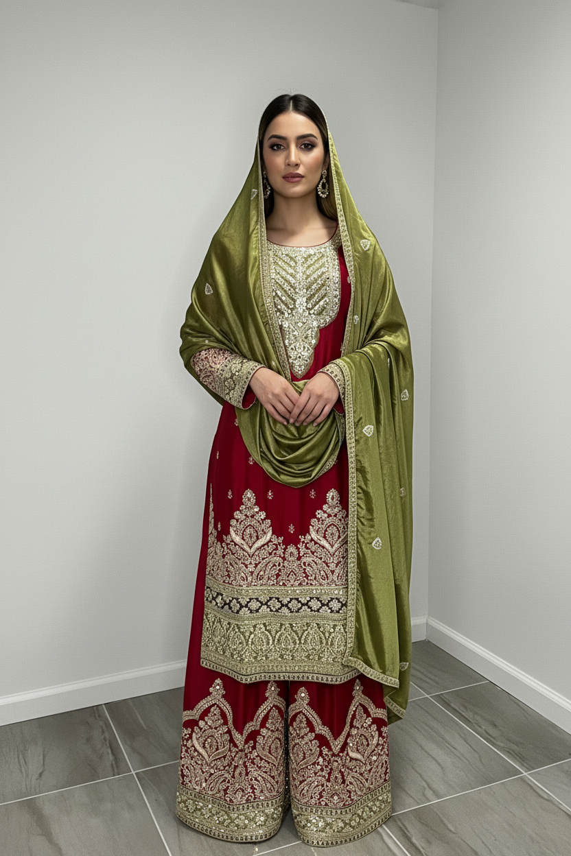 Crimson red gharara suit with olive green dupatta on a model in white studio