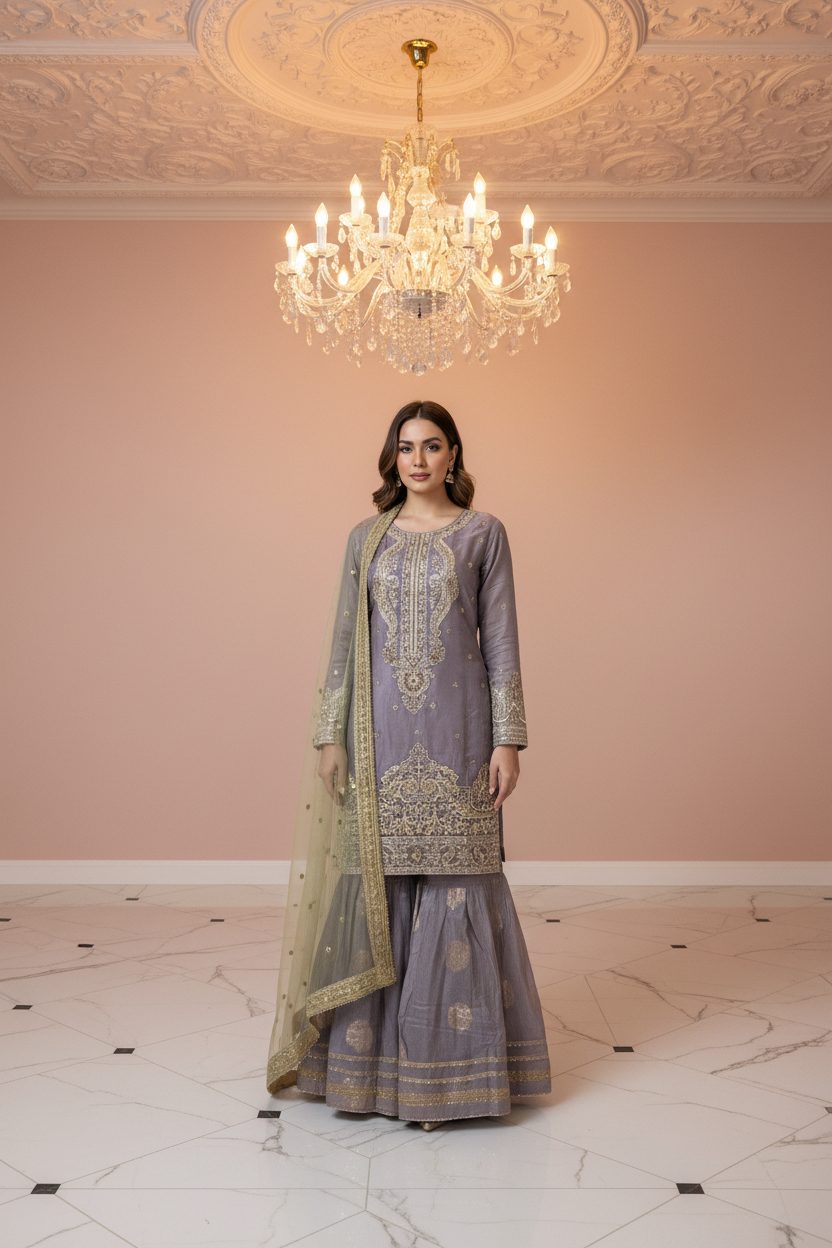 Mauve Grey Gharara Suit - Elegant Interior