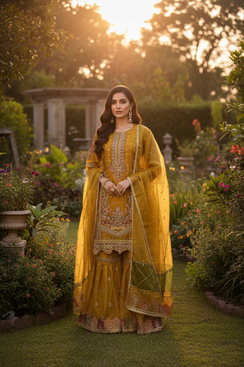 Mustard Yellow Gharara Suit - Garden