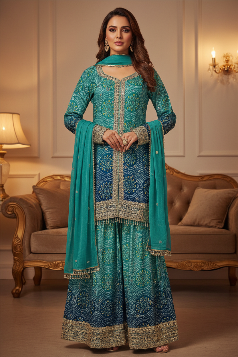 Vibrant Teal Bandhani Sharara Suit